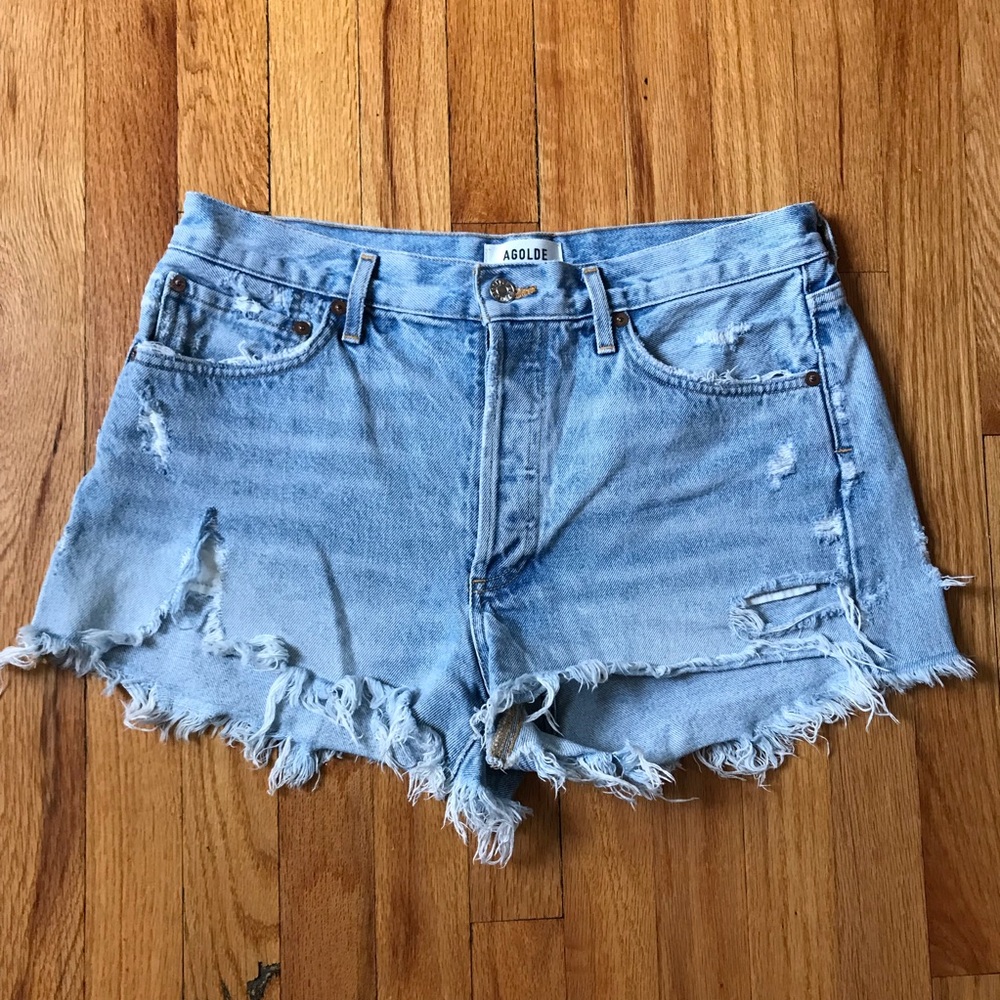Agolde Parker Light Wash Distressed Denim Cutoff Shorts 28
